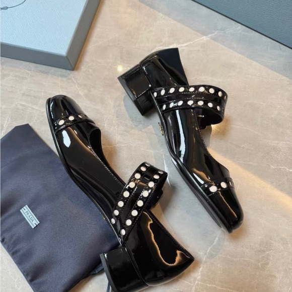 Prada Women's Black Patent Leather Flats with Studded Straps - Picture 4 of 7